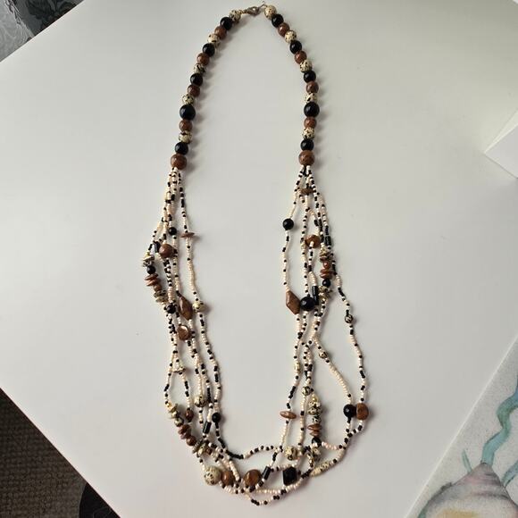 Vintage African Safari Style Multi Strand Beaded Necklace Black Brown White - Picture 3 of 9